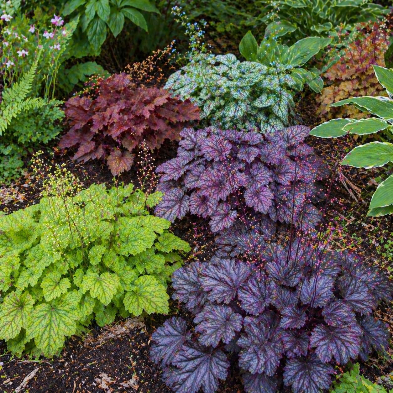 dluzicha-ve-smisene-vysadbe-s-ruznymi-barvami-listu-v-trvalkovem-zahonu