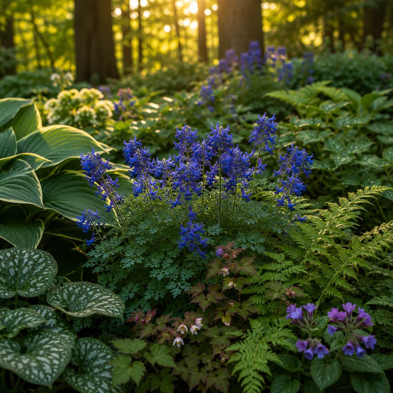 dymnivka-corydalis-flexuosa-s-hostami-plicnikem-pomnenkovcem-a-kapradinami-v-lesni-zahrade