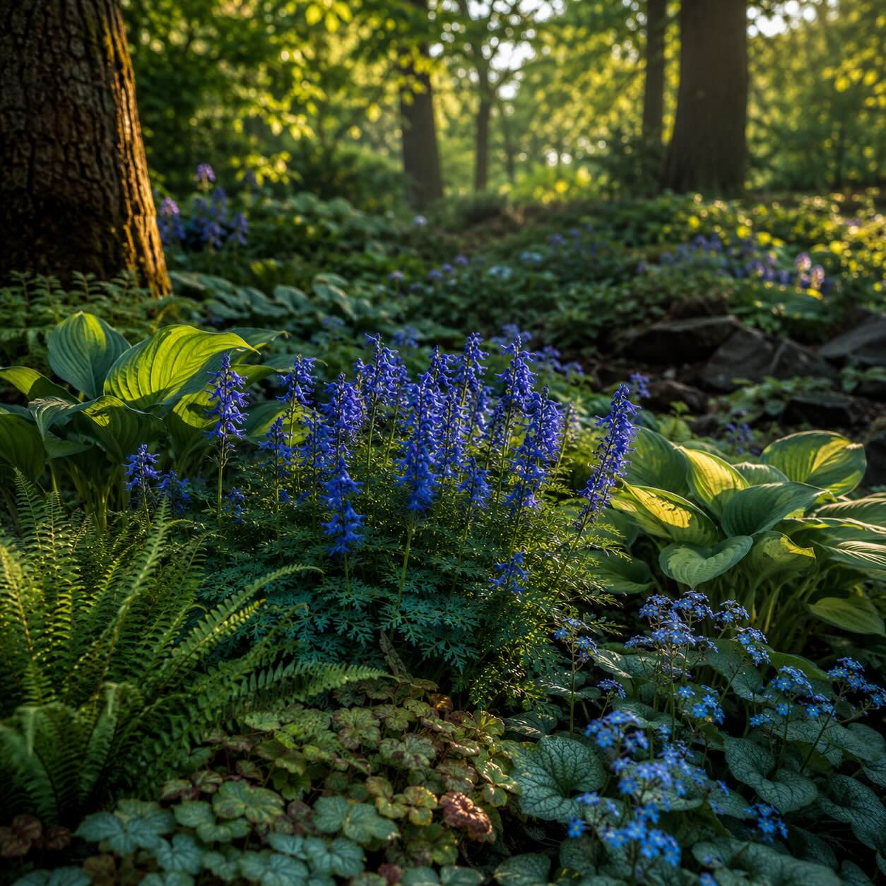 dymnivka-corydalis-flexuosa-v-lesni-zahrade-s-hostami-brunnerou-kapradinami-a-poplucniky