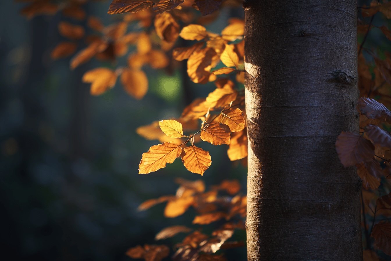 fagus-hladka-kura-a-podzimni-listy-v-lesnim-polostinu