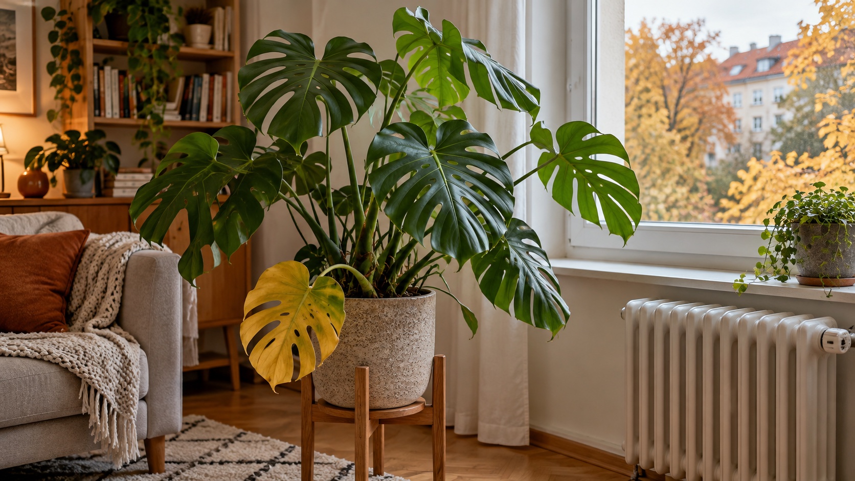 Monstera s jedním žloutnoucím spodním listem v podzimním interiéru u okna – ilustrace vytvořená pomocí AI, nikoli fotografie konkrétního výrobku.