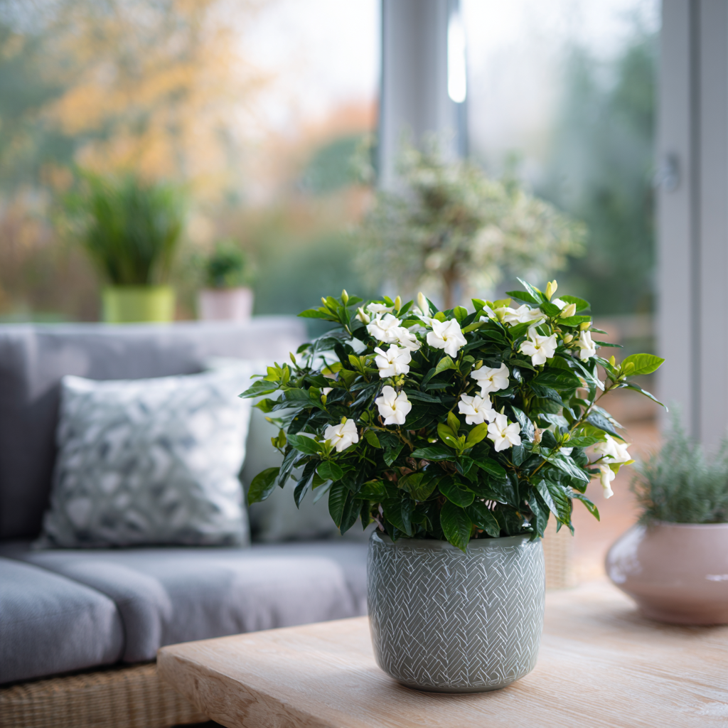 gardenie-bile-kvety-v-kvetinaci-na-konferencnim-stolku-v-svetle-zimni-zahrady