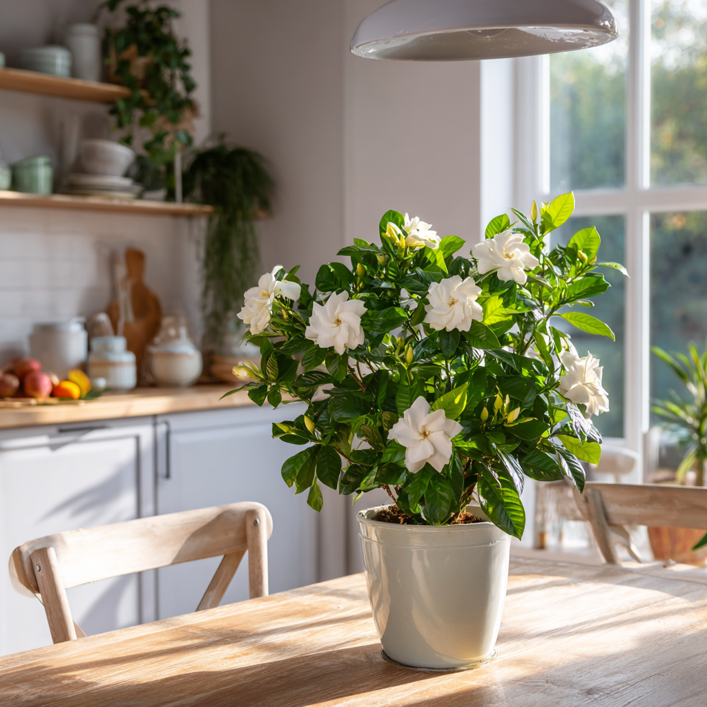 gardenie-bile-kvety-v-kvetinaci-na-stole-v-svetle-kuchyne