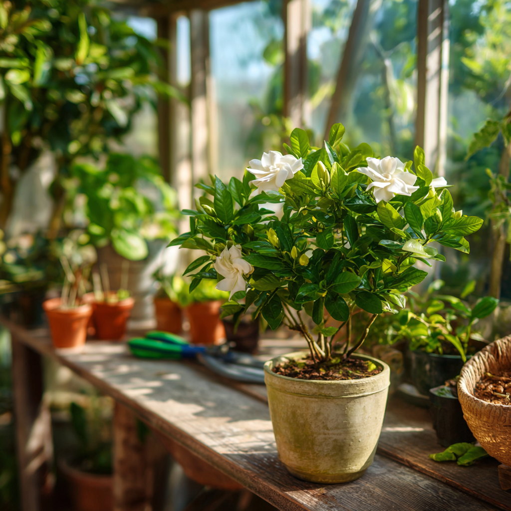 gardenie-kvete-v-kvetinaci-na-stole-ve-skleniku-s-naradim-na-pozadi