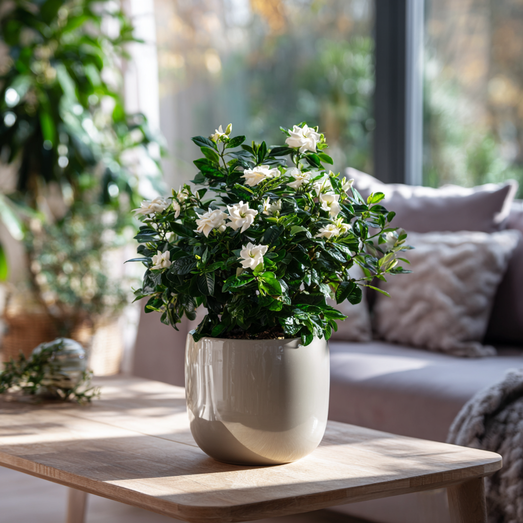 gardenie-kvete-v-svetlem-obyvacim-pokoji-v-keramickem-kvetinaci-na-stolku