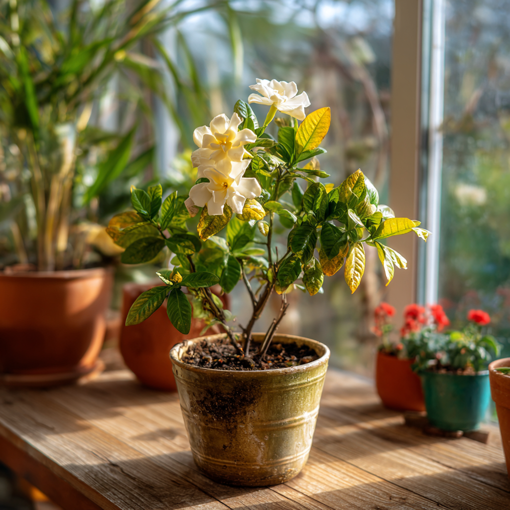 gardenie-zloutnouci-listy-a-bile-kvety-v-keramickem-kvetinaci-u-okna