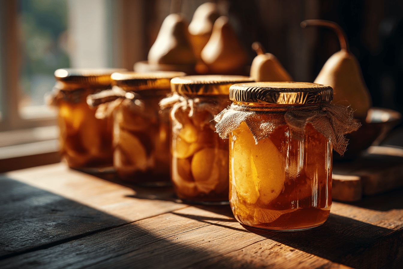 hruskovy-kompot-ve-sklenicich-na-drevenem-stole-v-paprscich-slunce