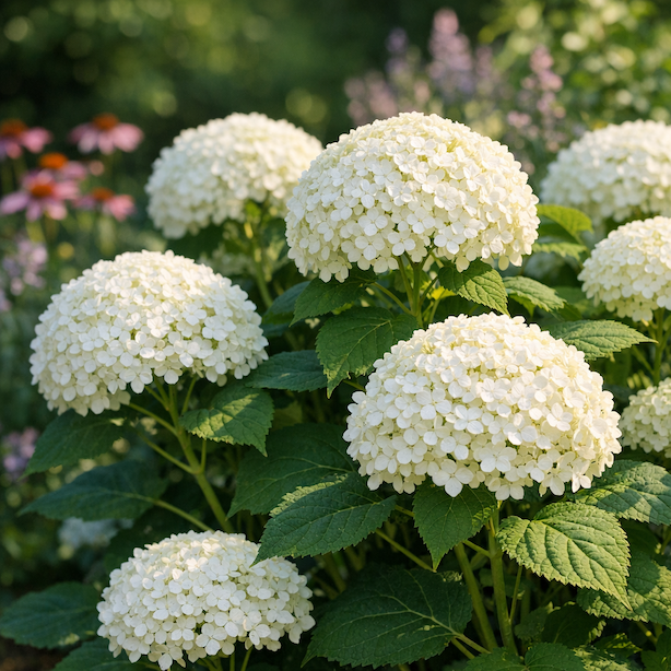 hydrangea-arborescens-annabelle-velke-bile-kulovite-kvetenstvi-v-polostinne-zahrade