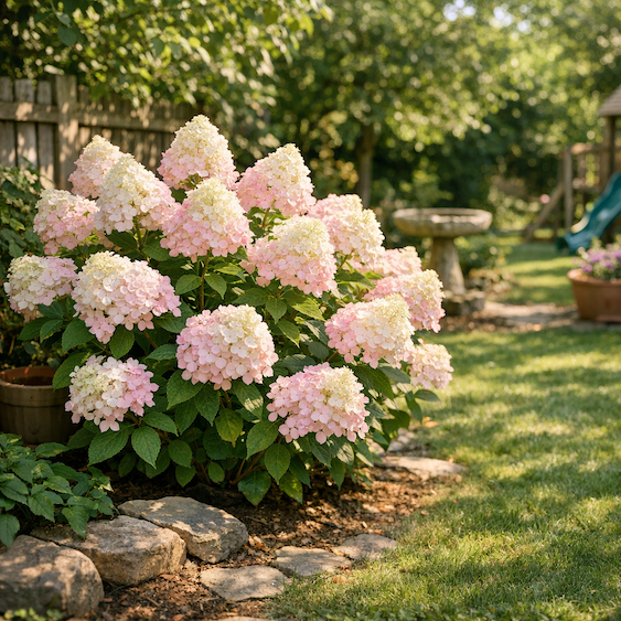 hydrangea-arborescens-candybelle-marshmallow-svetle-ruzova-kvetenstvi-v-zahradnim-zahonu
