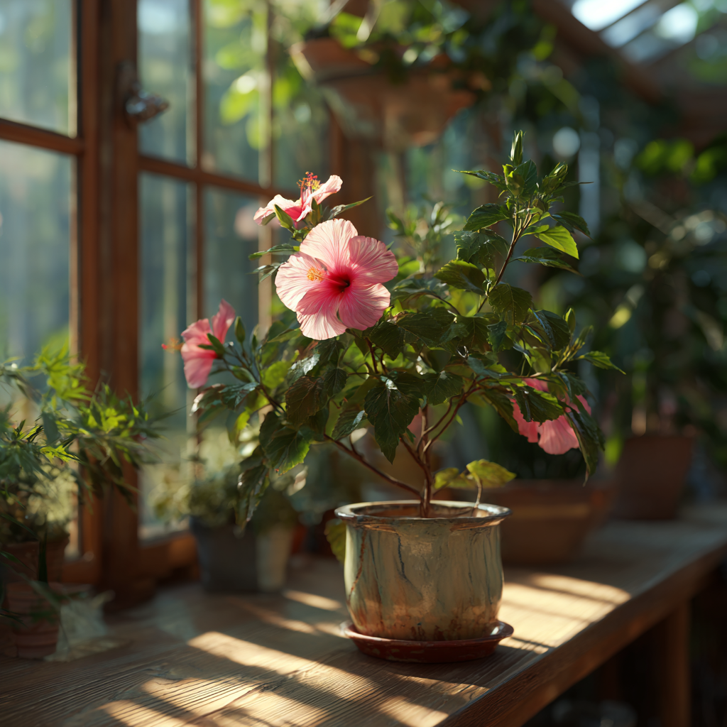 ibisek-cinsky-hibiscus-rosa-sinensis-ruzovy-kvet-v-keramickem-kvetinaci-na-drevenem-stole-ve-skleniku