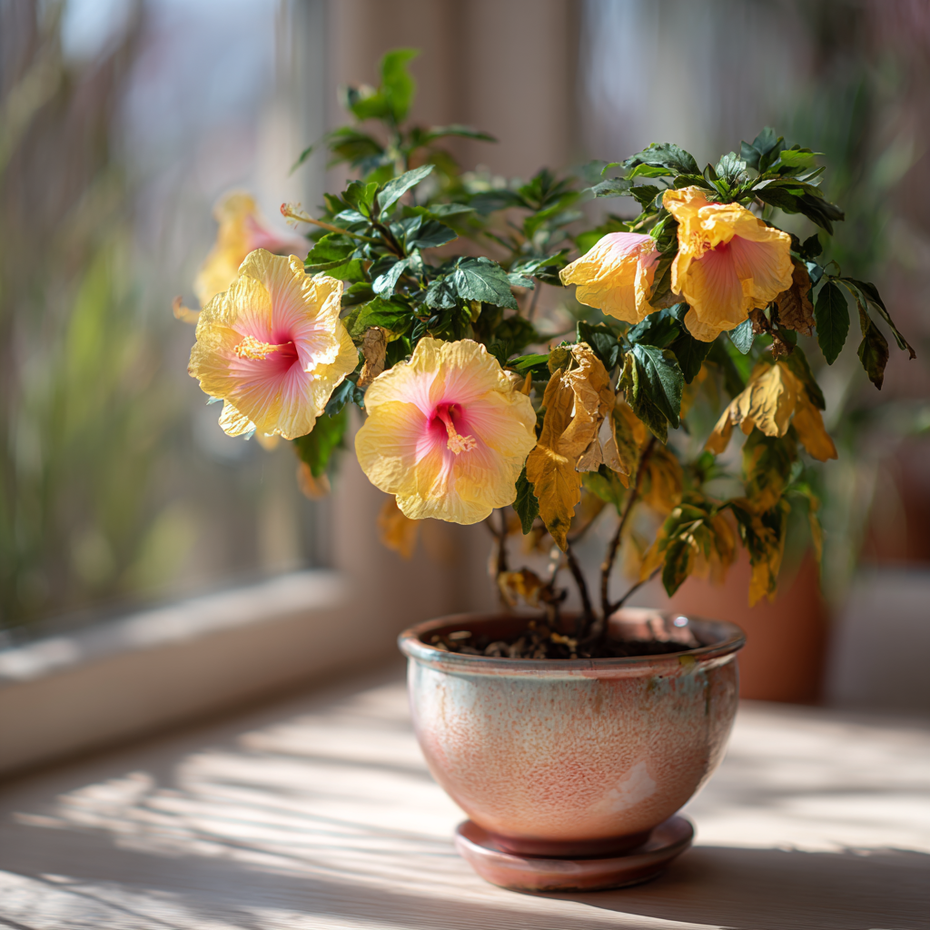 ibisek-cinsky-hibiscus-rosa-sinensis-zloutnouci-listy-a-zlute-kvety-v-keramickem-kvetinaci-u-okna