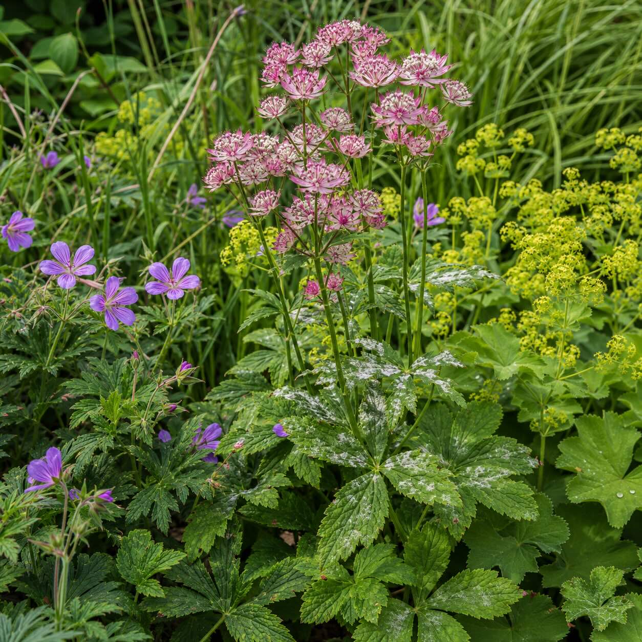 jarmanka-astrantia-major-s-padlim-na-listech-v-trvalkovem-zahonu