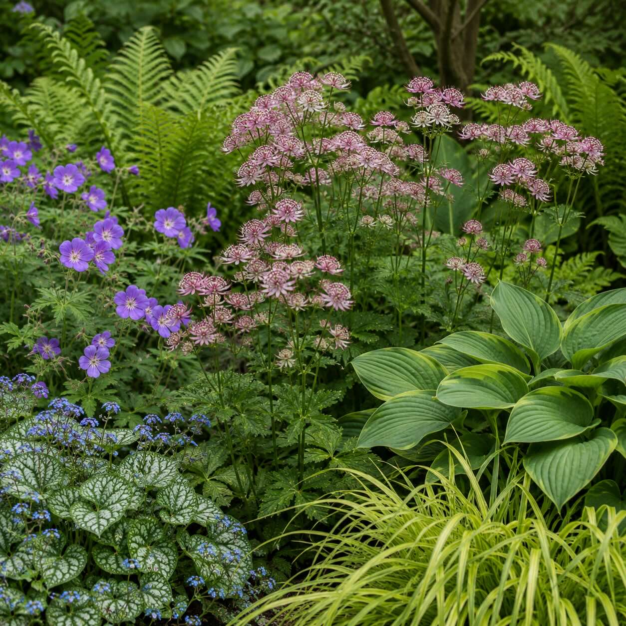 jarmanka-astrantia-major-v-kombinaci-s-kakostem-bohyskou-pomnenkovcem-a-kapradinami