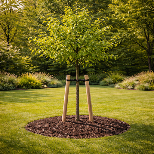 jilm-ulmus-mlady-strom-po-vysadbe-s-oporou-a-mulcovacim-kruhem-na-travniku