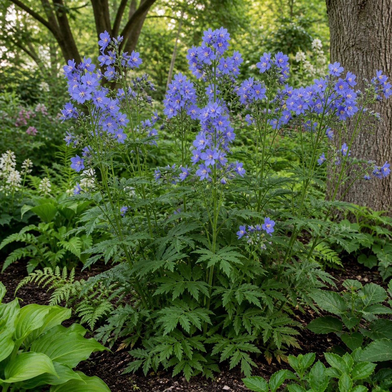 jirnice-polemonium-caeruleum-ve-stinnem-zahonu-pod-stromy-s-trvalkami