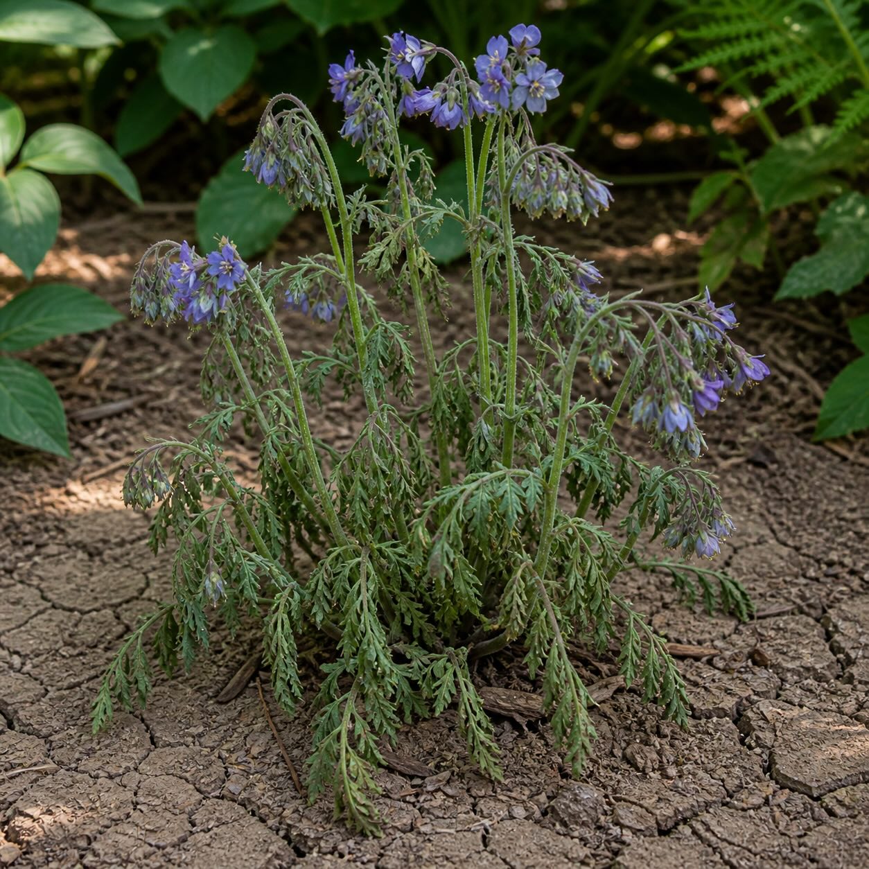 jirnice-polemonium-zvadla-rostlina-v-suchu-na-popukane-pude-ve-stinnem-zahonu