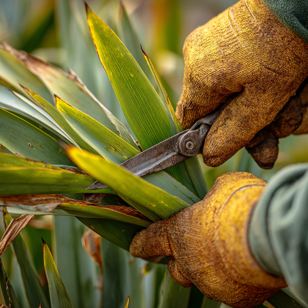 juka-yucca-odstranovani-suchych-listu-nozem-v-ochrannych-rukavicich