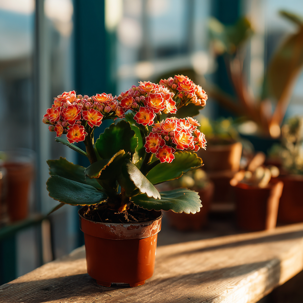 kalanchoe-kvetouci-v-plastovem-kvetinaci-na-drevenem-stole-ve-skleniku