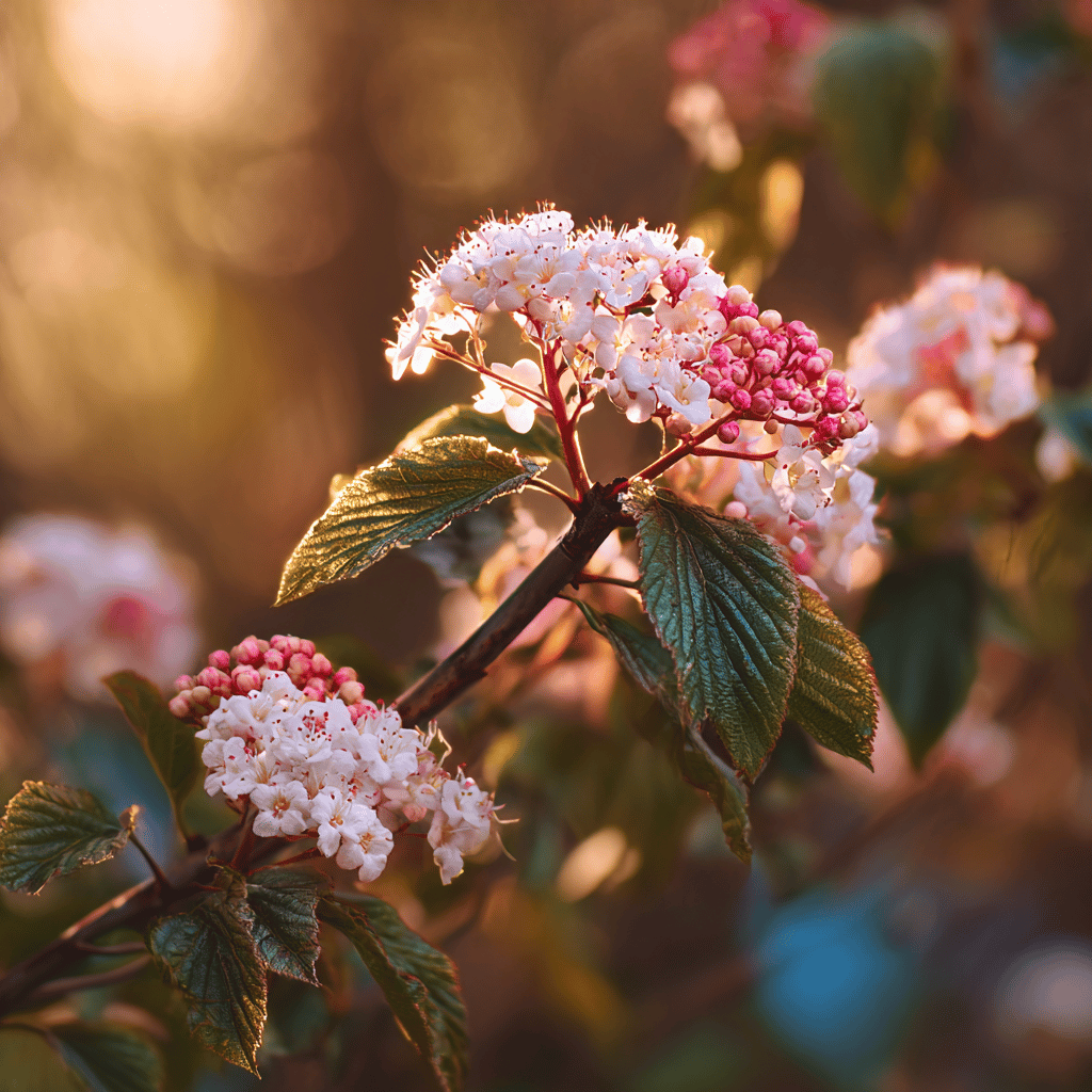 kalina-viburnum-bile-kvety-leskle-listy-vecerni-svetlo