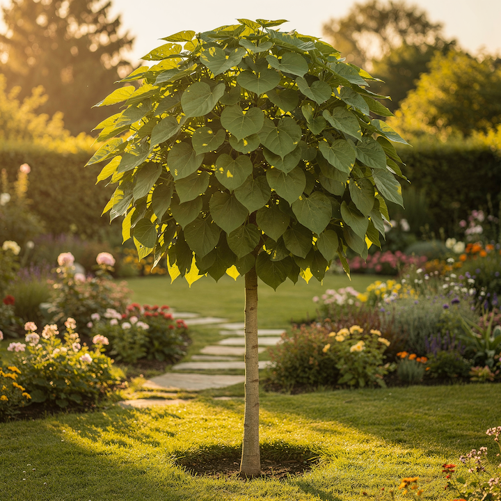 katalpa-nana-na-kminku-pravidelna-kulovita-koruna-v-zahrade