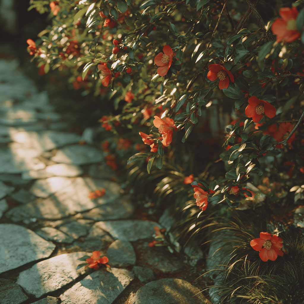 kdoulovec-chaenomeles-ker-s-cervenymi-kvety-nad-kamennym-chodnikem