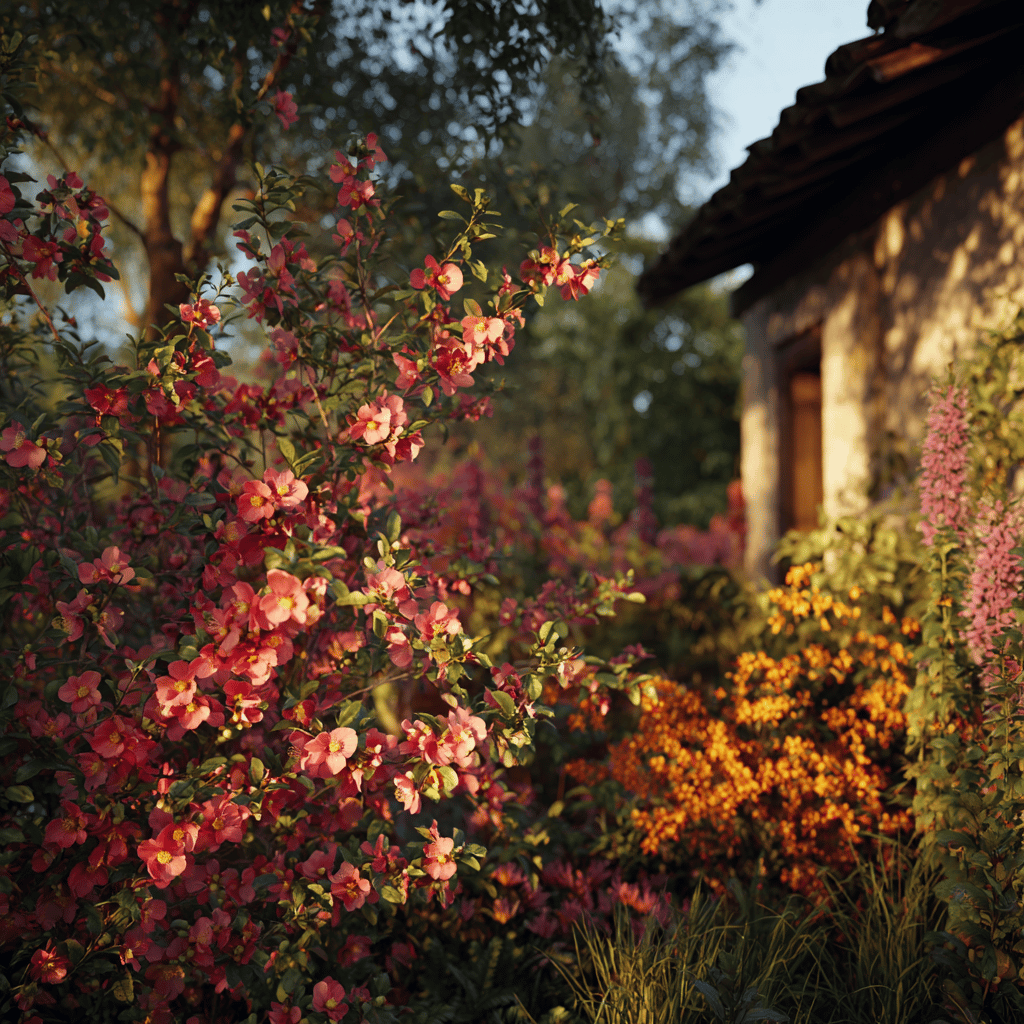 kdoulovec-chaenomeles-v-jarni-zahrade-mezi-trvalkami-a-kvetinami