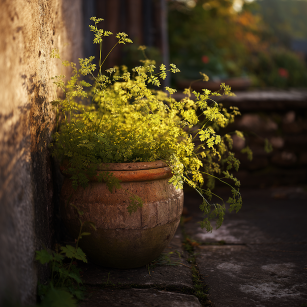 kerblik-pravy-pestovany-v-hlinenem-kvetinaci-u-kamenne-zdi