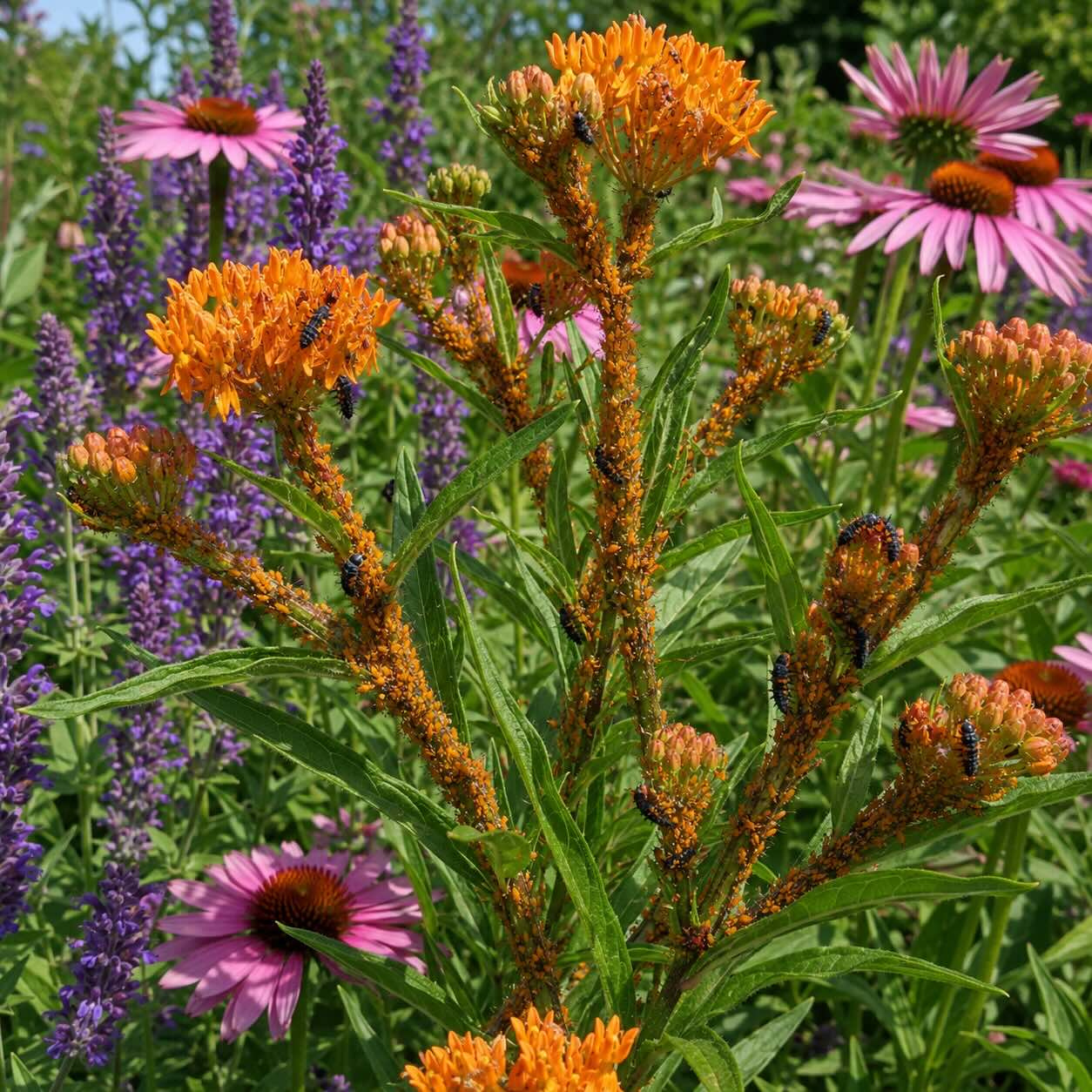 klejicha-asclepias-tuberosa-napadena-oranzovymi-msicemi-aphis-nerii-s-larvami-slunecek