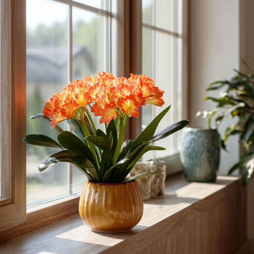 klivie-clivia-miniata-oranzove-kvety-v-keramickem-kvetinaci-na-parapetu-u-dreveneho-okna