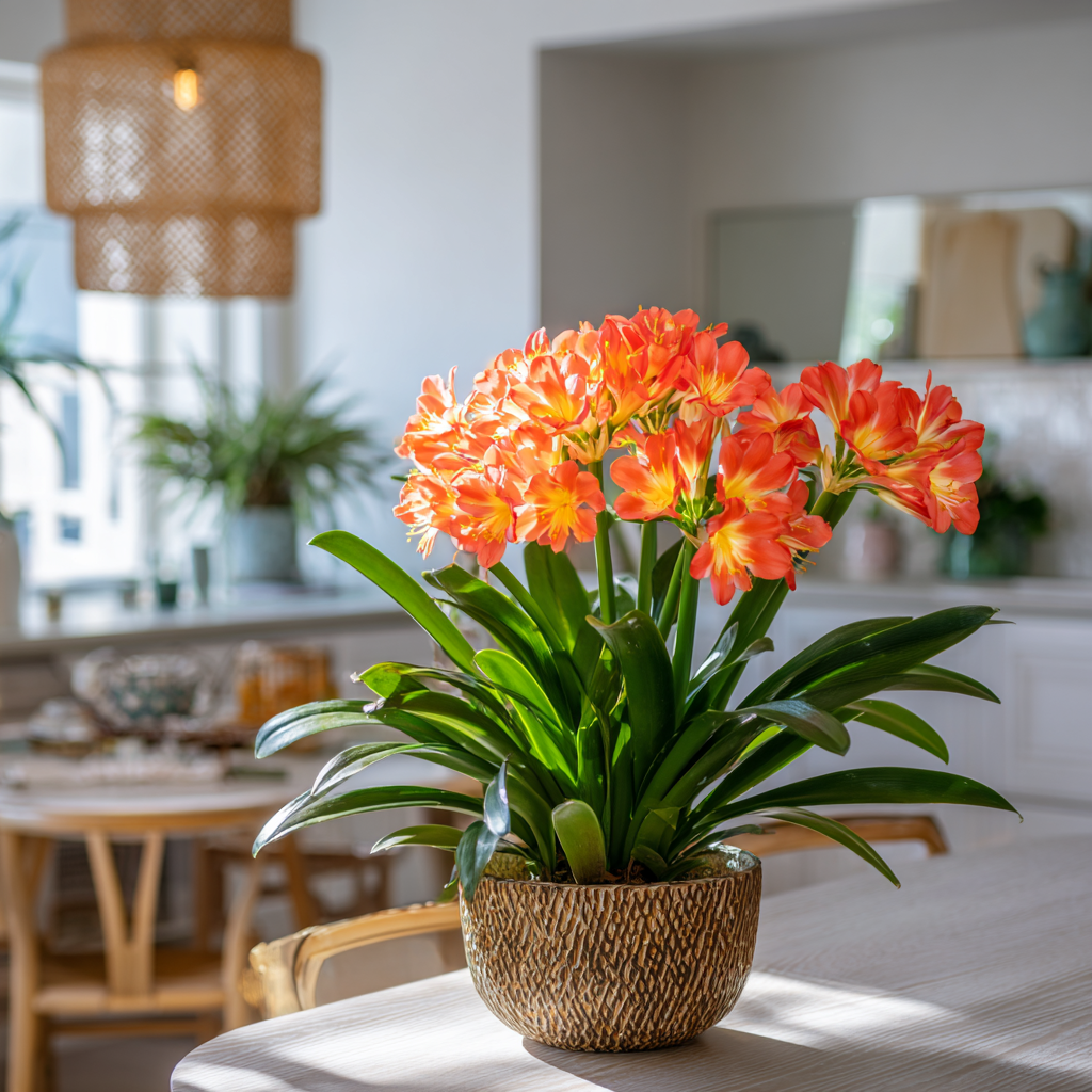 klivie-clivia-miniata-oranzove-kvety-v-ozdobnem-kvetinaci-v-svetlem-interieru