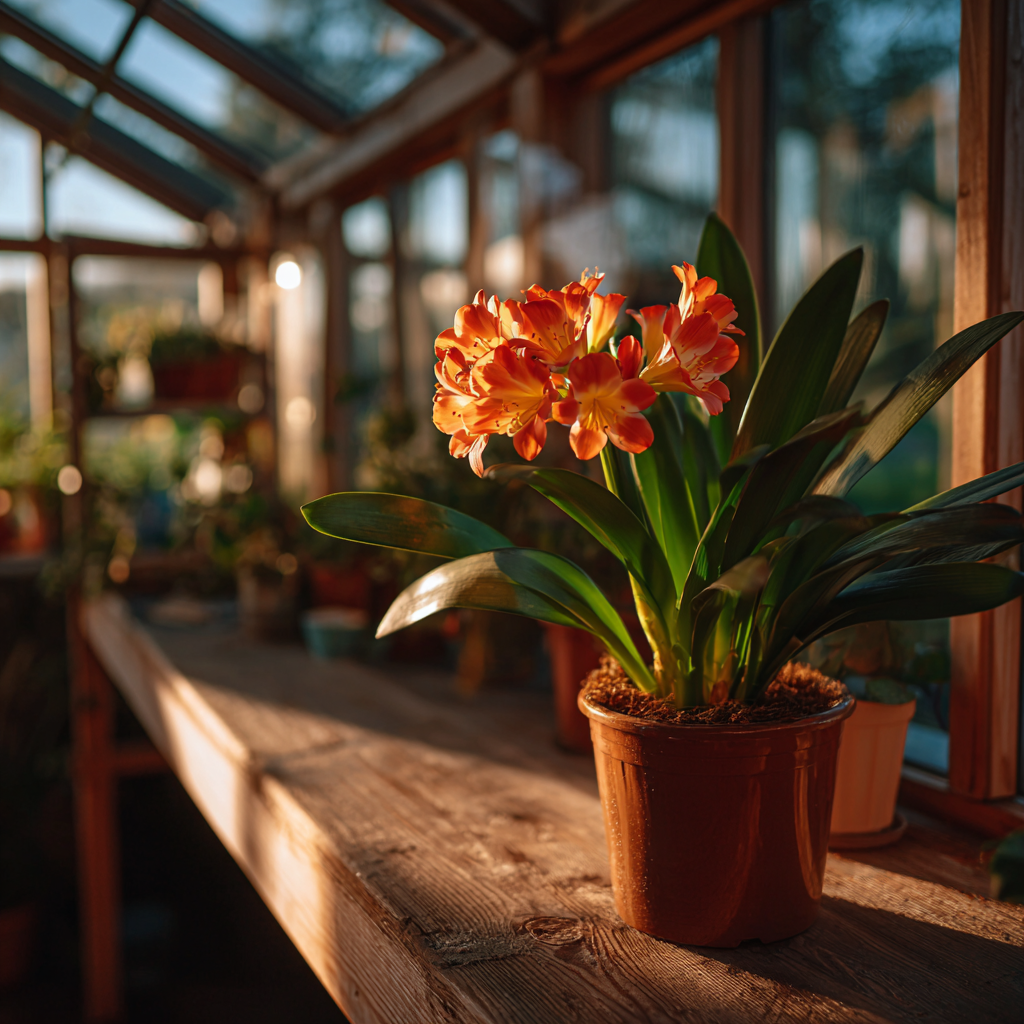 klivie-clivia-miniata-oranzove-kvety-v-plastovem-kvetinaci-na-stole-ve-skleniku