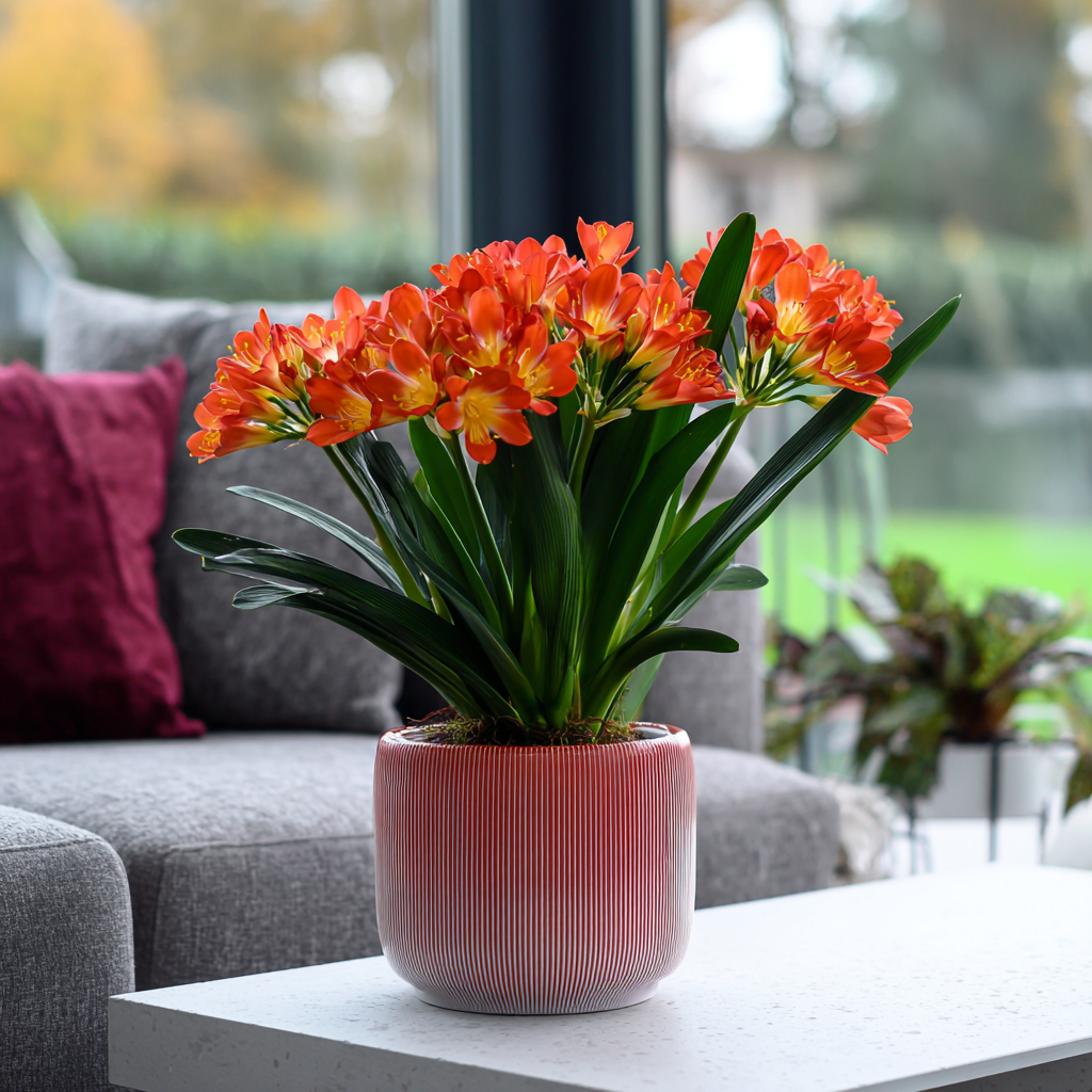 klivie-clivia-miniata-oranzove-kvety-v-pruhovanem-kvetinaci-u-velkeho-okna-v-obyvaku