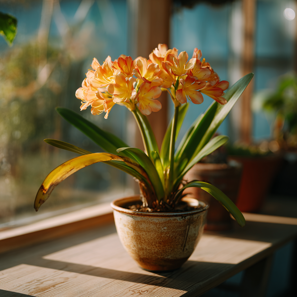 klivie-clivia-miniata-zloutnouci-listy-a-oranzove-kvety-v-keramickem-kvetinaci-na-parapetu