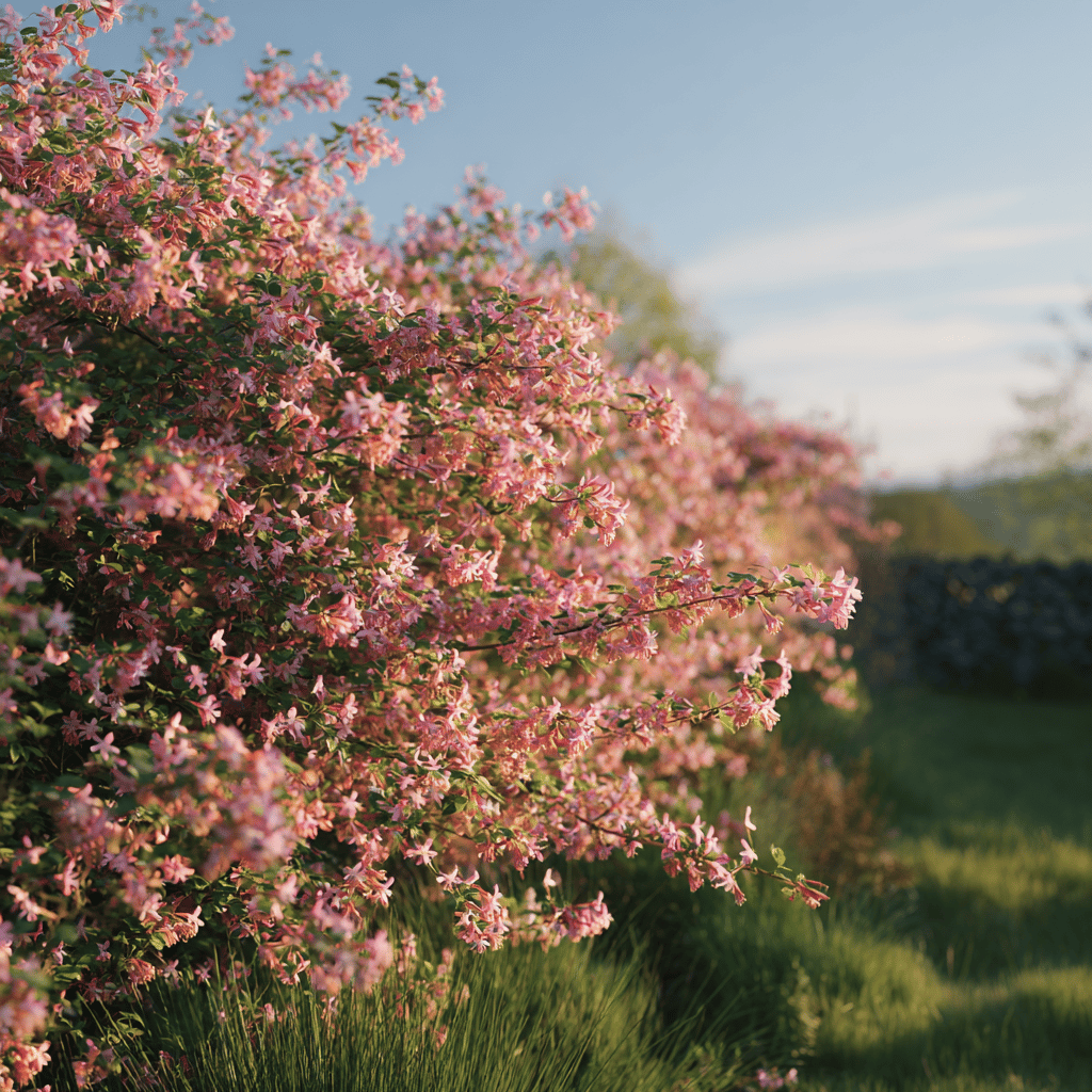 kolkvitzie-kolkwitzia-zivy-plot-v-plnem-kvetu-pod-modrou-oblohou