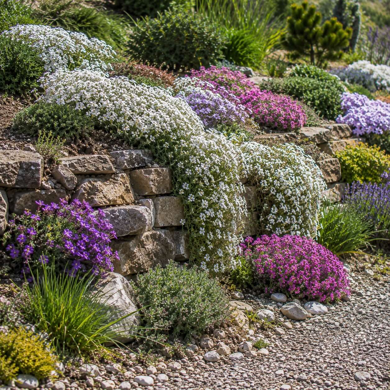 kombinace-huseniku-arabis-se-skalnickami-na-zidce