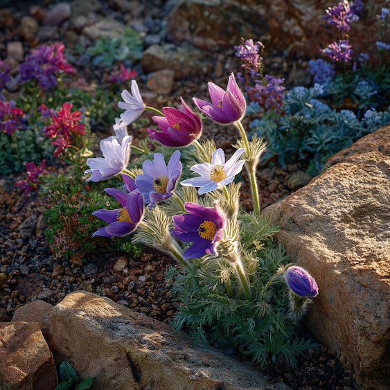 koniklec-pulsatilla-ruzne-druhy-a-barvy-kvetu-ve-skalce