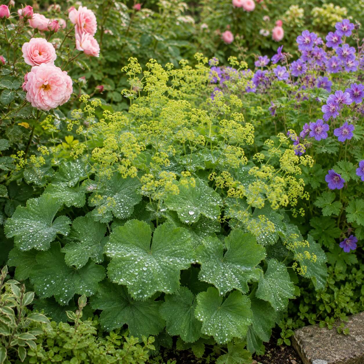 kontryhel-alchemilla-v-kombinaci-s-ruzemi-a-kakosty-v-trvalkovem-zahonu