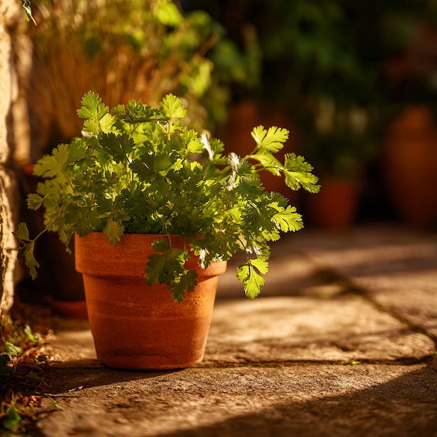 koriandr-natovy-pestovany-v-hlineném-kvetinaci-na-slunnem-miste