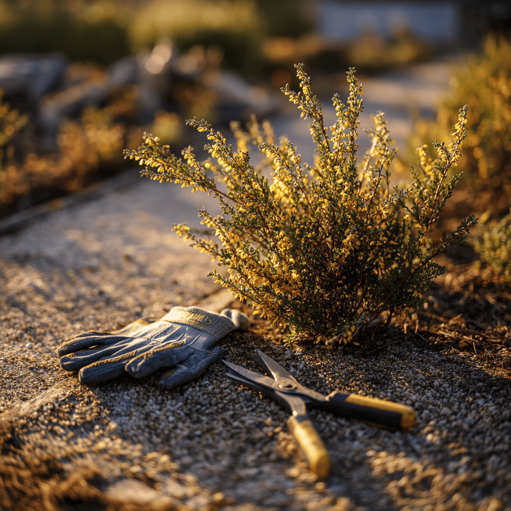 krucinka-genista-mlady-ker-po-rezu-s-nuzkami-a-rukavicemi-v-letnim-svetle
