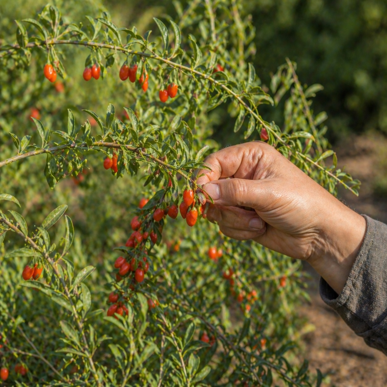 kustovnice-cinska-sklizen-goji-rucni-sber-zralych-plodu-z-vetvicek