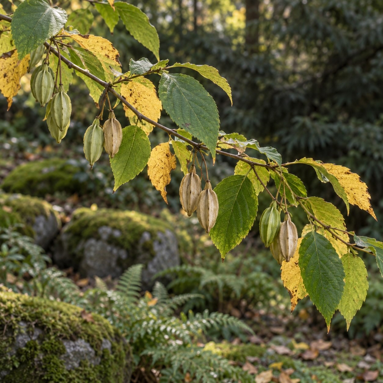 listy-a-kridlate-plody-halezie-karolinske-halesia-carolina-na-podzim