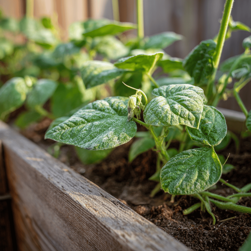 listy-fazole-napadene-padlim-s-bilym-povlakem