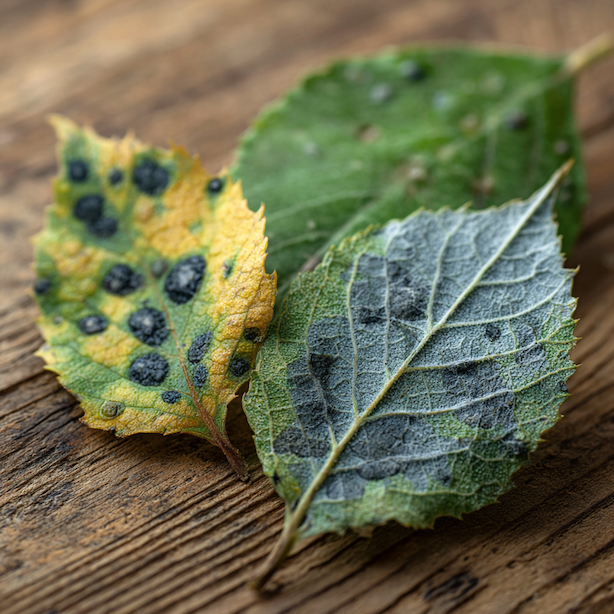 listy-se-skvrnitosti--ruzne-typy-houbovych-skvrn-na-jednom-miste