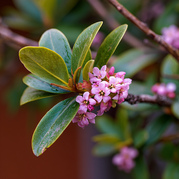 lykovec-daphne-detail-ruzovych-kvetu-a-stalezelene-listy-v-polostinu