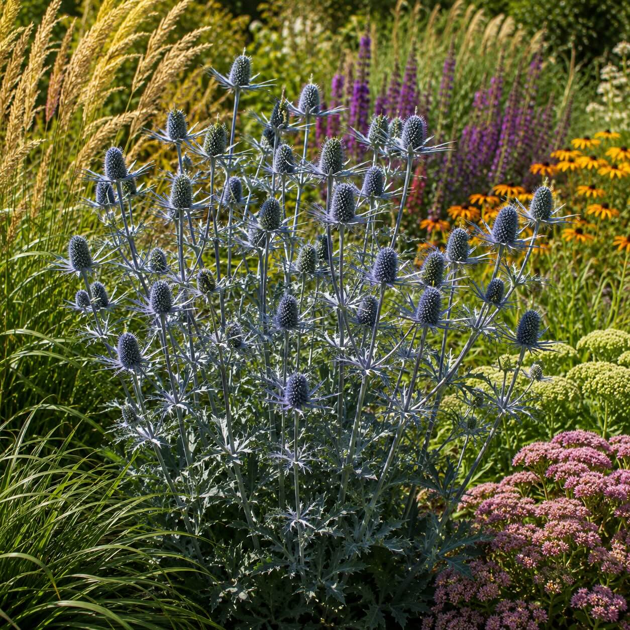 macka-eryngium-planum-ve-slunnem-trvalkovem-zahonu-s-okrasnymi-travami