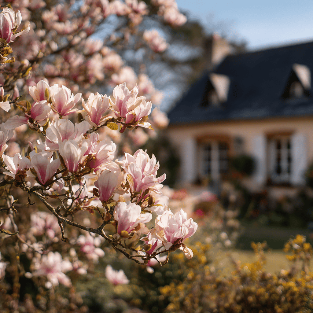 magnolie-magnolia-ruzovobile-kvety-pred-venkovskym-domem-v-zahrade