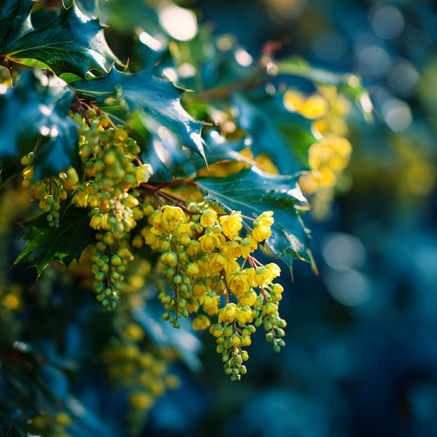 mahonie-kvetouci-zlute-kvety-detail-hroznu-a-lesklych-listu