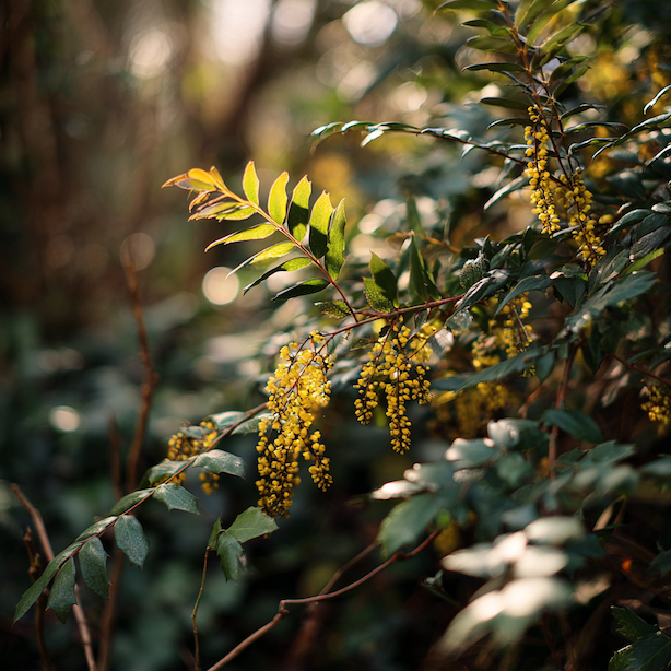 mahonie-kvetouci-zlute-kvety-v-polostinu-a-humozni-pude