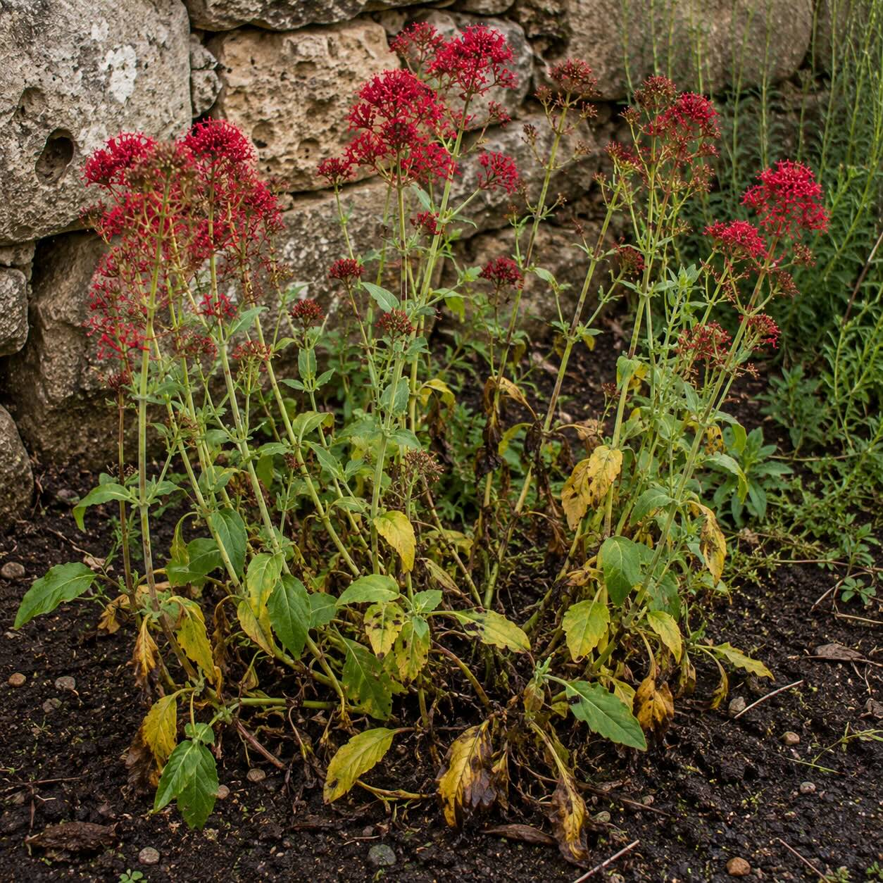 mavun-centranthus-s-priznaky-premokreni-zloutnutim-listu-a-slabym-rustem-u-zidky