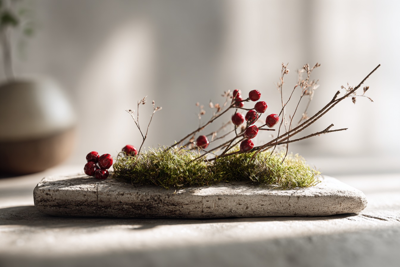 mech-sipky-na-drevene-desce-zimni-prirodni-kompozice